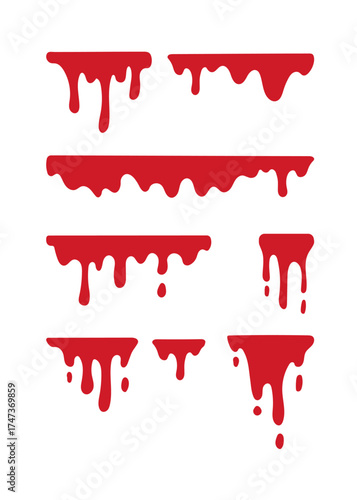 Red liquid or blood drips on the wall. Halloween blood dripping. Bloody splatter backgrounds. Bloodstain silhouettes. Horror decorative elements collection. Vector illustration. Stock illustration.