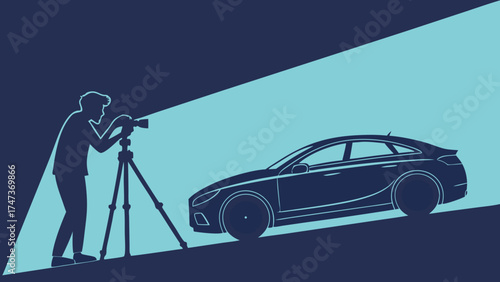 Photographer taking pictures of a car studio shot vehicle photography car photoshoot professional photography automotive photography dark background blue lighting vector illustration gra.
