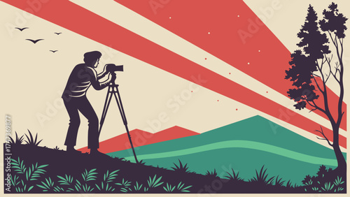 Photographer taking pictures of landscape nature photography scenic view outdoor shoot mountains hills sunset sunrise birds trees vector illustration graphic design artistic stylized.