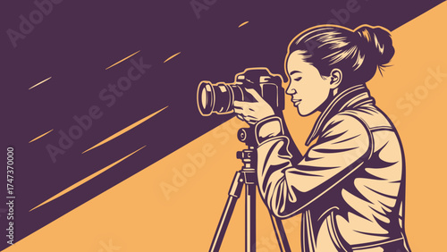 Photographer using DSLR camera on tripod vector illustration graphic design vintage style artistic portrait.