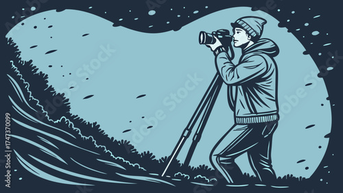 Photographer using tripod at dusk.