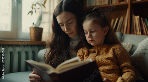 Mãe e filha lendo um livro juntas sob luz suave