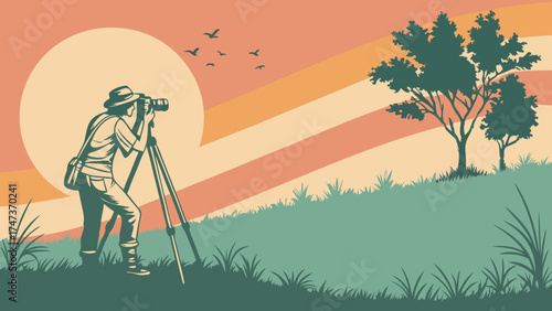 Photographer with Camera on Tripod at Sunset in Meadow.
