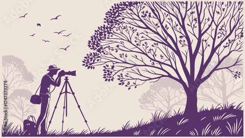 Photographer with camera on tripod in nature scene birds flying silhouette style illustration.