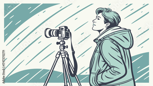 Photographer with Camera on Tripod in Rainy Weather Illustration Graphic Design.