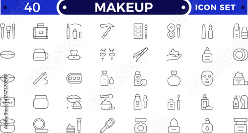 Makeup outline icon set. Sun and Protection icon set. Contains icons sunscreen, ultraviolet, sunglasses, SPF protection, umbrella, sunburn, sun hat and more.