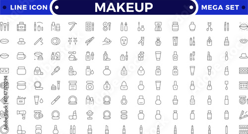 Makeup outline icon set. Sun and Protection icon set. Contains icons sunscreen, ultraviolet, sunglasses, SPF protection, umbrella, sunburn, sun hat and more.