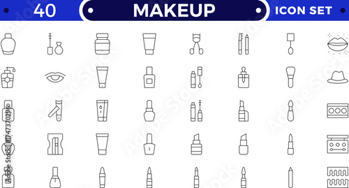 Makeup outline icon set. Sun and Protection icon set. Contains icons sunscreen, ultraviolet, sunglasses, SPF protection, umbrella, sunburn, sun hat and more.