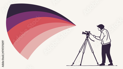Photographer with camera on tripod colorful abstract background vector illustration.