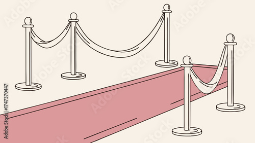 Red Carpet Entrance Stanchions Rope Event Ceremony Illustration Design VIP Exclusive Access Celebration Party Festive Elegant Premium Luxury Decor Graphic Vector Drawing Artis.