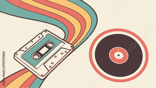 Retro Music Design Cassette Tape Vinyl Record and Rainbow Stripes Illustration.