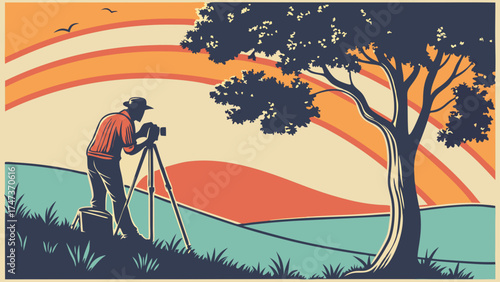 Retro Photographer Silhouette at Sunset with Tripod and Tree.