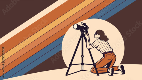 Retro Photographer with Camera on Tripod 70s Style Illustration Vintage Photography Artistic Design.