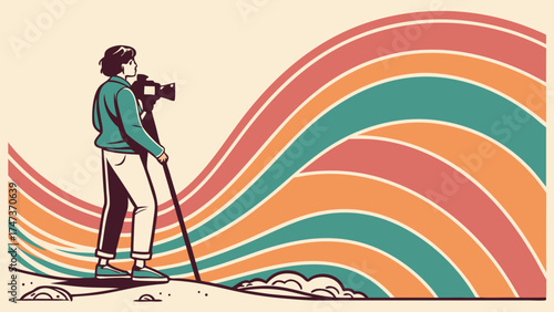 Retro Photographer with Camera on Tripod Colorful Abstract Background 70s Style Illustration.