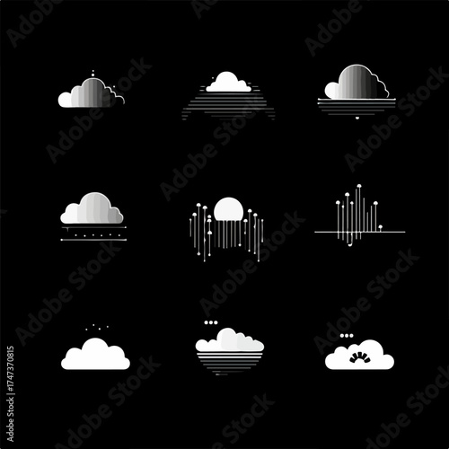 Abstract Digital Cloud Computing Icons on Black Background - Modern Technology and Data Storage Concepts