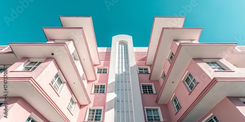 Low angle view of a pink art deco building against a clear blue sky on a bright sunny day in south beach