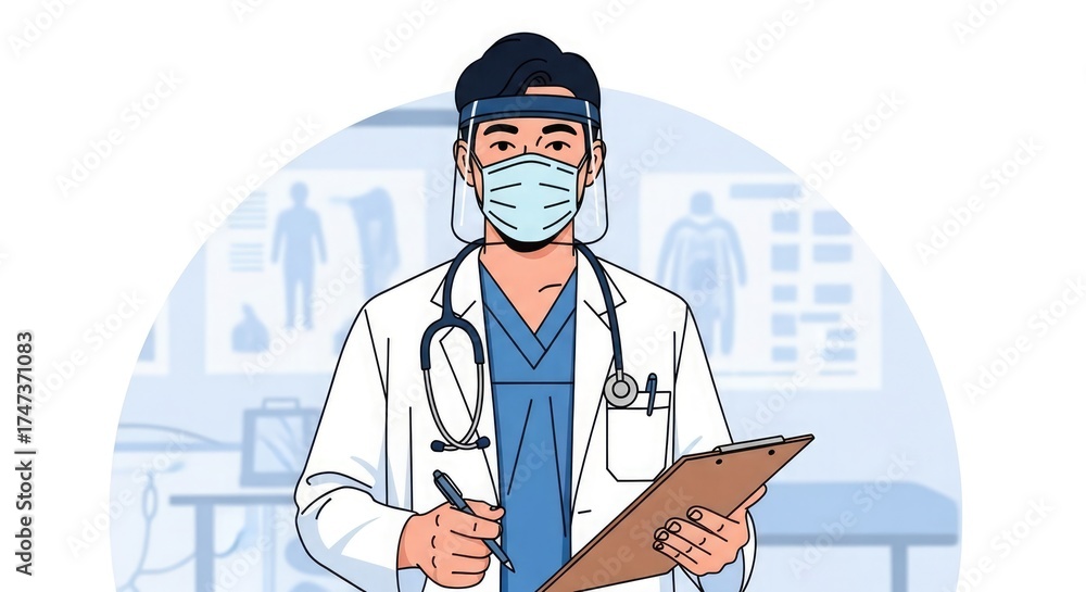 Fototapeta premium A doctor in a lab coat, face shield, and mask holds a clipboard and pen in a medical setting.