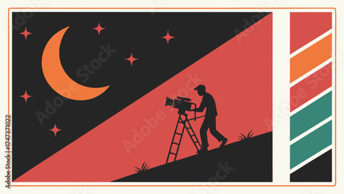 Retro styled illustration of a filmmaker carrying a camera on a tripod under the night sky.