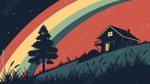 Retro styled illustration of a house on a hill with a rainbow and tree at night.