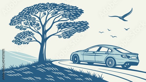 Road trip car driving on scenic road summer travel countryside landscape blue car illustration nature scene vector graphic stylized illustration transportation automobile journey vacat.