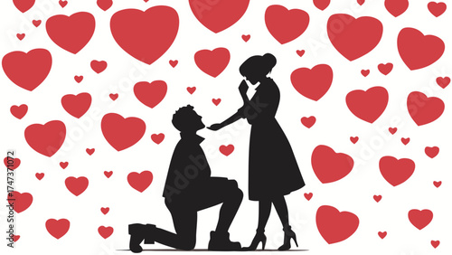 Romantic Couple Silhouette with Hearts Valentines Day Proposal Love Engagement.