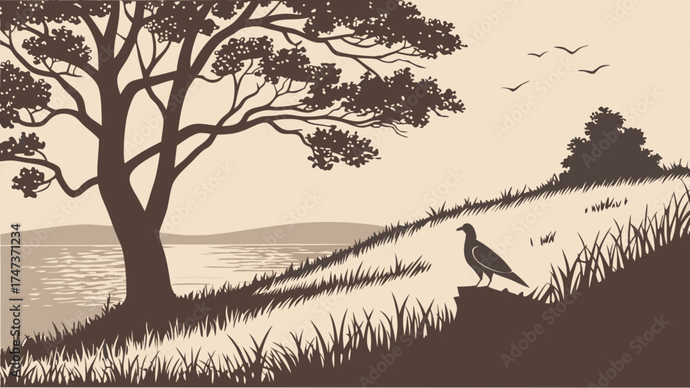 Fototapeta premium Serene Lakeside Landscape with Bird Silhouette and Trees Nature Illustration Calm Waters Grass Bird Watching Wildlife Illustration Peaceful Scene.