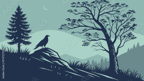 Serene Bird Silhouette on Mountain Rock with Trees and Moon Nature Illustration Design.