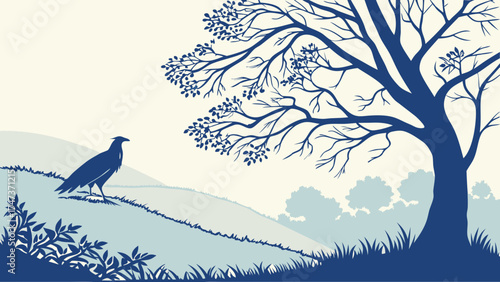 Serene Bird Silhouette in a Peaceful Landscape with a Tree and Rolling Hills Illustration.
