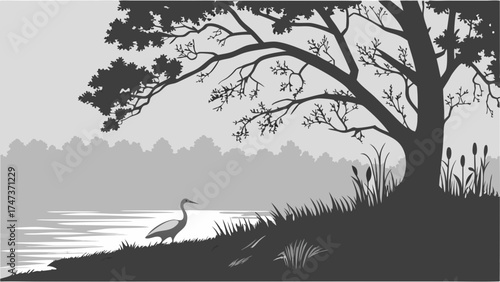 Serene grayscale landscape illustration of a bird near a lake and tree silhouettes.