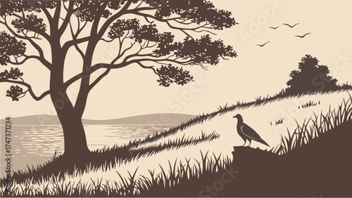 Serene Lakeside Landscape with Bird Silhouette and Trees Nature Illustration Calm Waters Grass Bird Watching Wildlife Illustration Peaceful Scene.