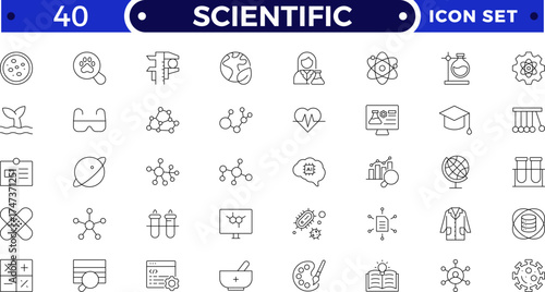 Scientific outline icon set highlights essential elements of scientific trials and medical research. Ideal for illustrating protocols, data validation, risk evaluation, and regulatory compliance.