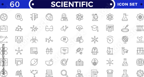 Scientific outline icon set highlights essential elements of scientific trials and medical research. Ideal for illustrating protocols, data validation, risk evaluation, and regulatory compliance.
