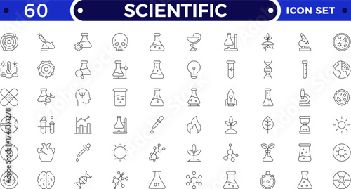 Scientific outline icon set highlights essential elements of scientific trials and medical research. Ideal for illustrating protocols, data validation, risk evaluation, and regulatory compliance.