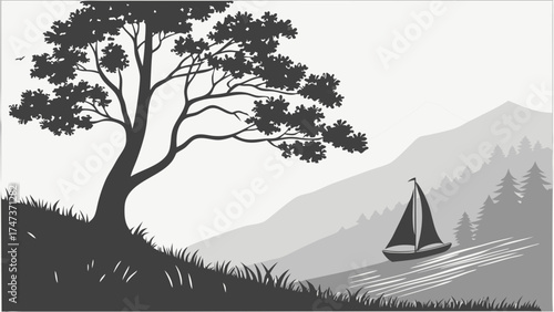 Serene Lakeside Landscape with Sailboat and Tree Silhouette Monochrome Illustration for Design Projects.