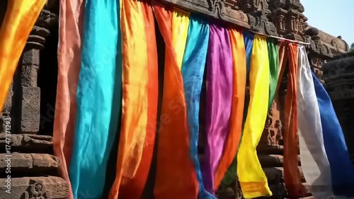 Colorful flags over ancient temple entrance.