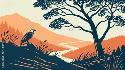 Serene landscape illustration featuring a bird of prey perched on a rock overlooking a river mountains and trees.