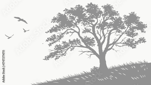 Serene Landscape Illustration Grey Tree Silhouette with Birds in Flight.