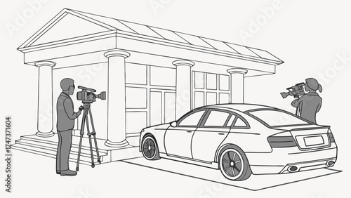 Filming a car in front of a classical building.
