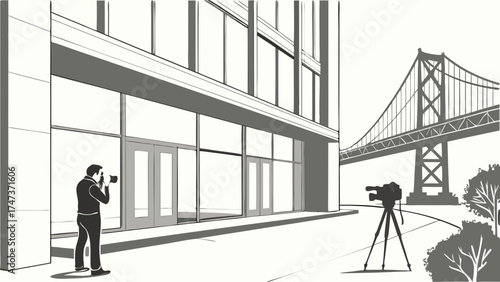 Filming a city scene with a camera and tripod modern building and bridge in background.