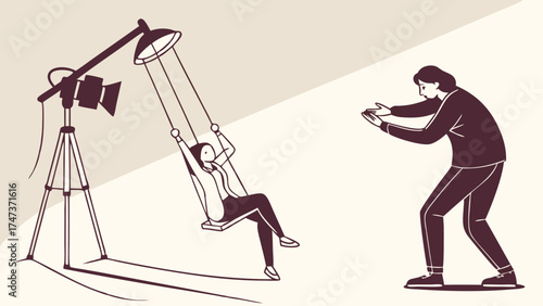 Filming a person on a swing movie production behind the scenes vector illustration.