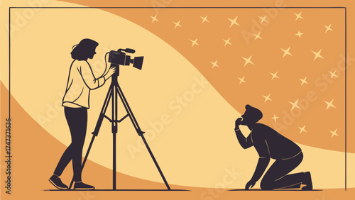Filming a Person Video Production Studio Shoot Filmmaking Silhouette Illustration Camera on Tripod Director Cinematographer Video Crew Film Set Movie Making Video Recording Production.
