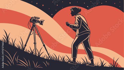Filmmaking Cinematographer Silhouette with Camera on Tripod at Sunset Vector Illustration.
