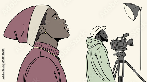 Filmmaking video production studio shooting behind the scenes cameraman director cinematography movie making video shoot film set production crew lighting equipment camera operator v.