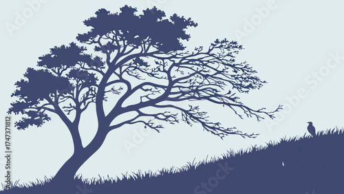 Serene Tree Silhouette with Bird and Grass Nature Illustration Vector Graphic Design.