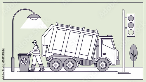 Garbage truck collecting recycling bin on city street illustration.
