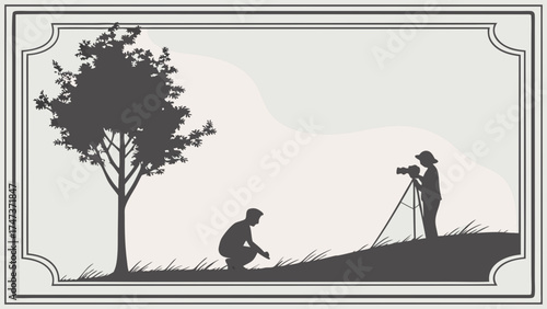 Silhouette illustration of a photographer capturing a person in nature framed design elegant style.