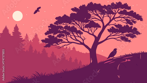 Silhouette of a bird and tree at sunset nature landscape illustration pink and purple colors vector graphic.