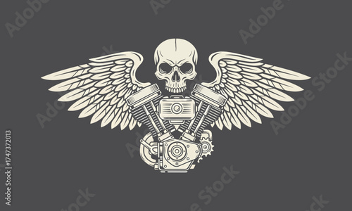Winged Skull with Motorcycle Engine, Vintage Biker Club Emblem Vector Illustration