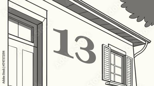 House exterior number thirteen window shutters door building facade architectural detail home design illustration grayscale black and white simple drawing house number urban resident.