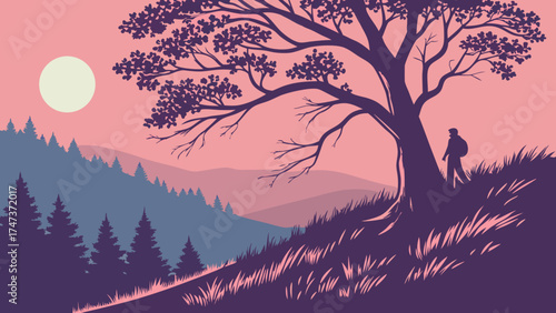 Silhouette of a hiker resting near a large tree at sunset in the mountains.